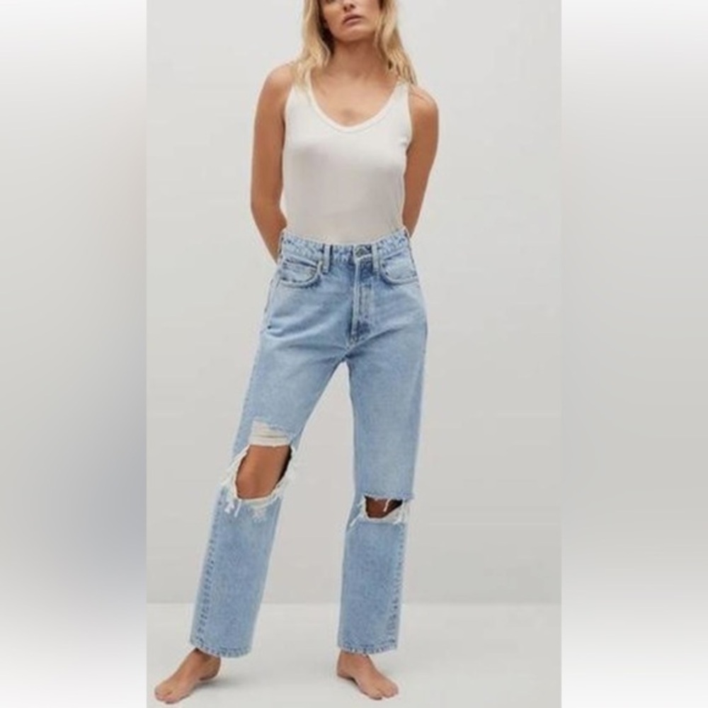 MNG (MANGO) 4 Selena Blue Edition distressed straight leg jeans